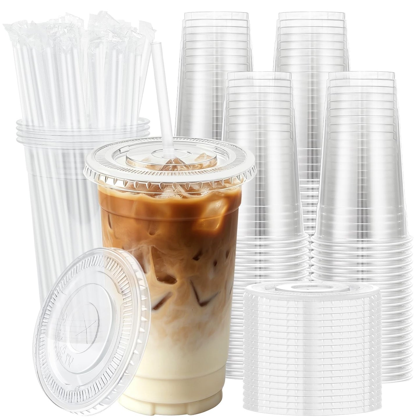 100 Pack 20 oz Clear Plastic Cups with Lids & Straws | Disposable Cold Cups for1
