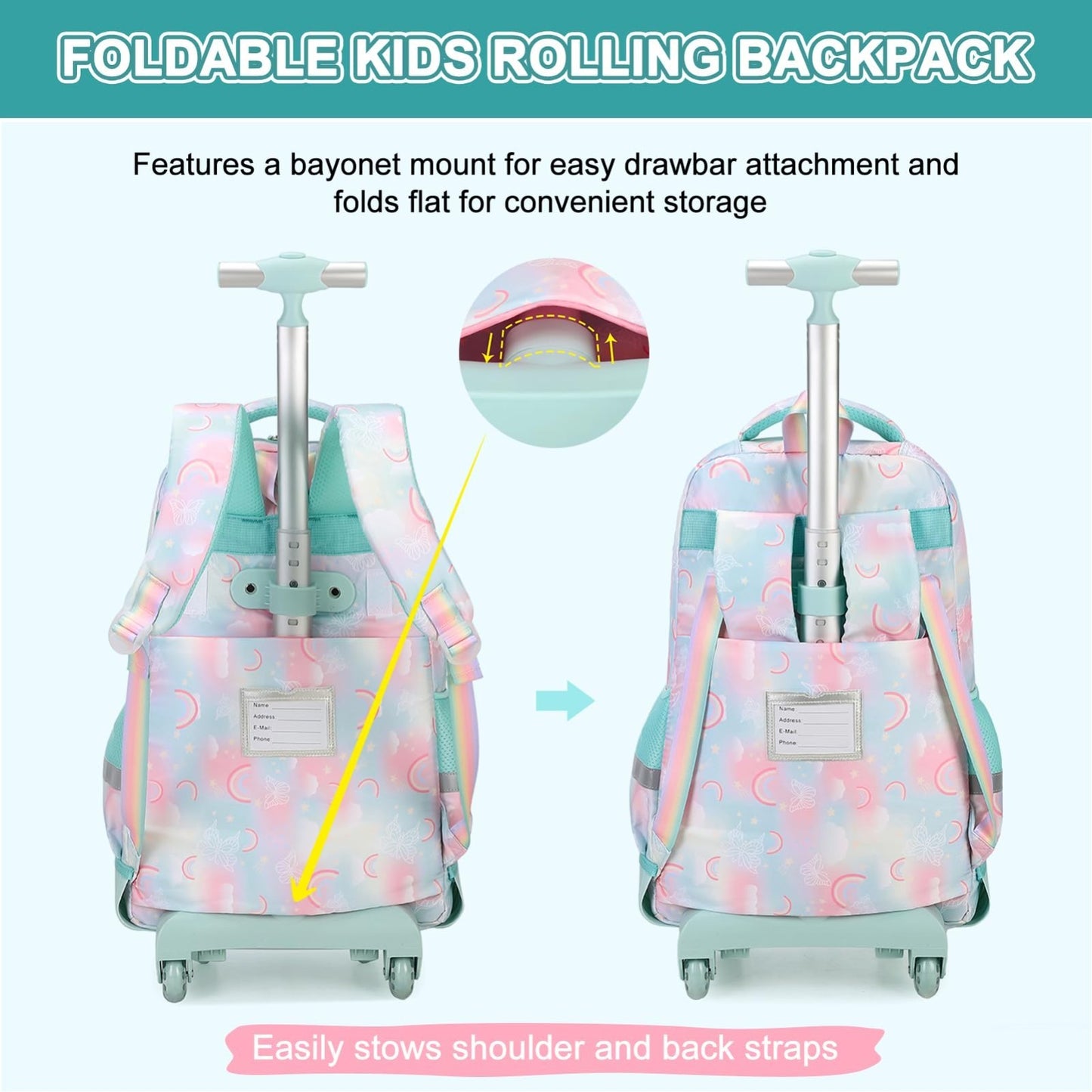 Rainbow Butterfly Rolling Backpack Set for Girls   3PCS with Lunch Box (Green)4