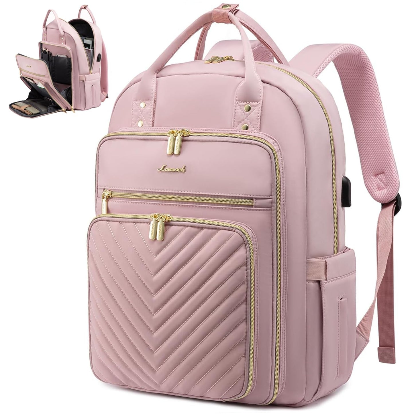 Stylish 15.6" Laptop Backpack for Women, Waterproof Daypack with USB Port, Pink1