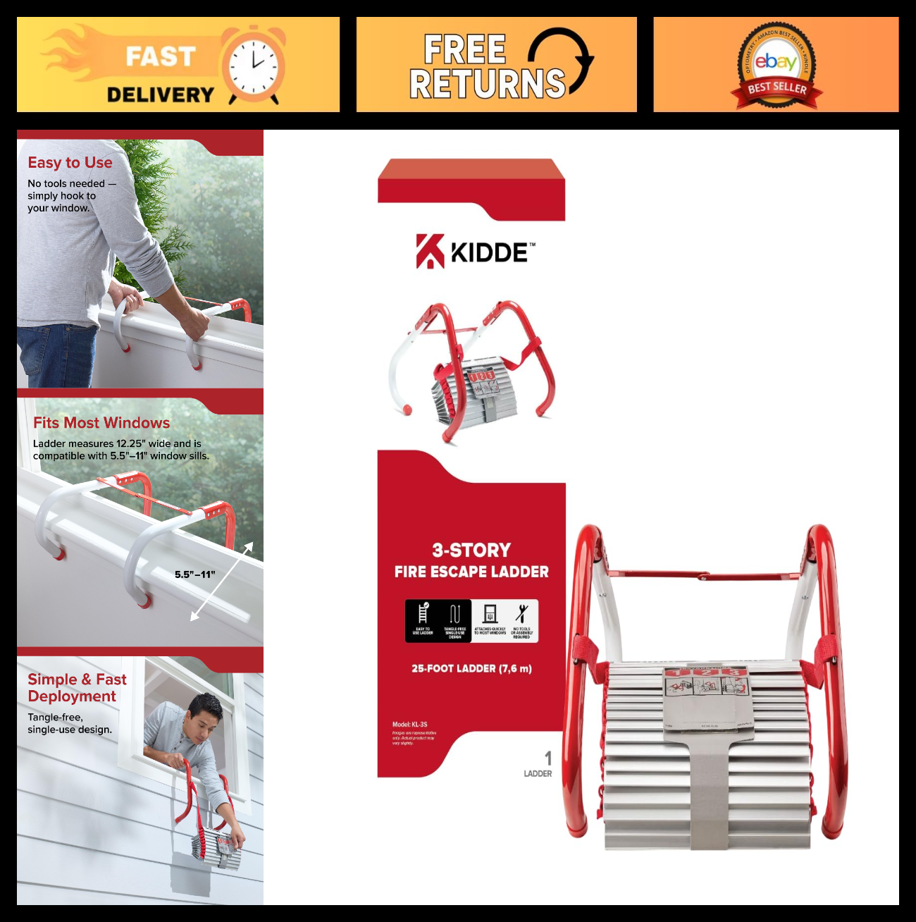 3 Story Fire Escape Ladder, 25 Foot Rope Ladder, Anti Slip Rungs, Emergency Safe0