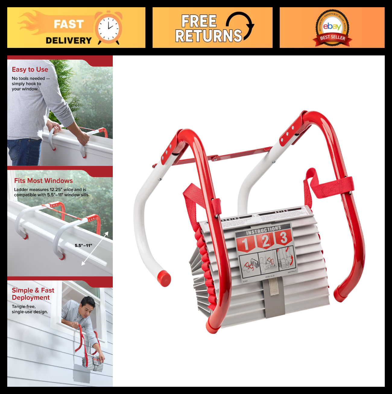 2 Story Fire Escape Ladder, 13 Foot Rope Ladder, Anti Slip Rungs, Emergency Safe0