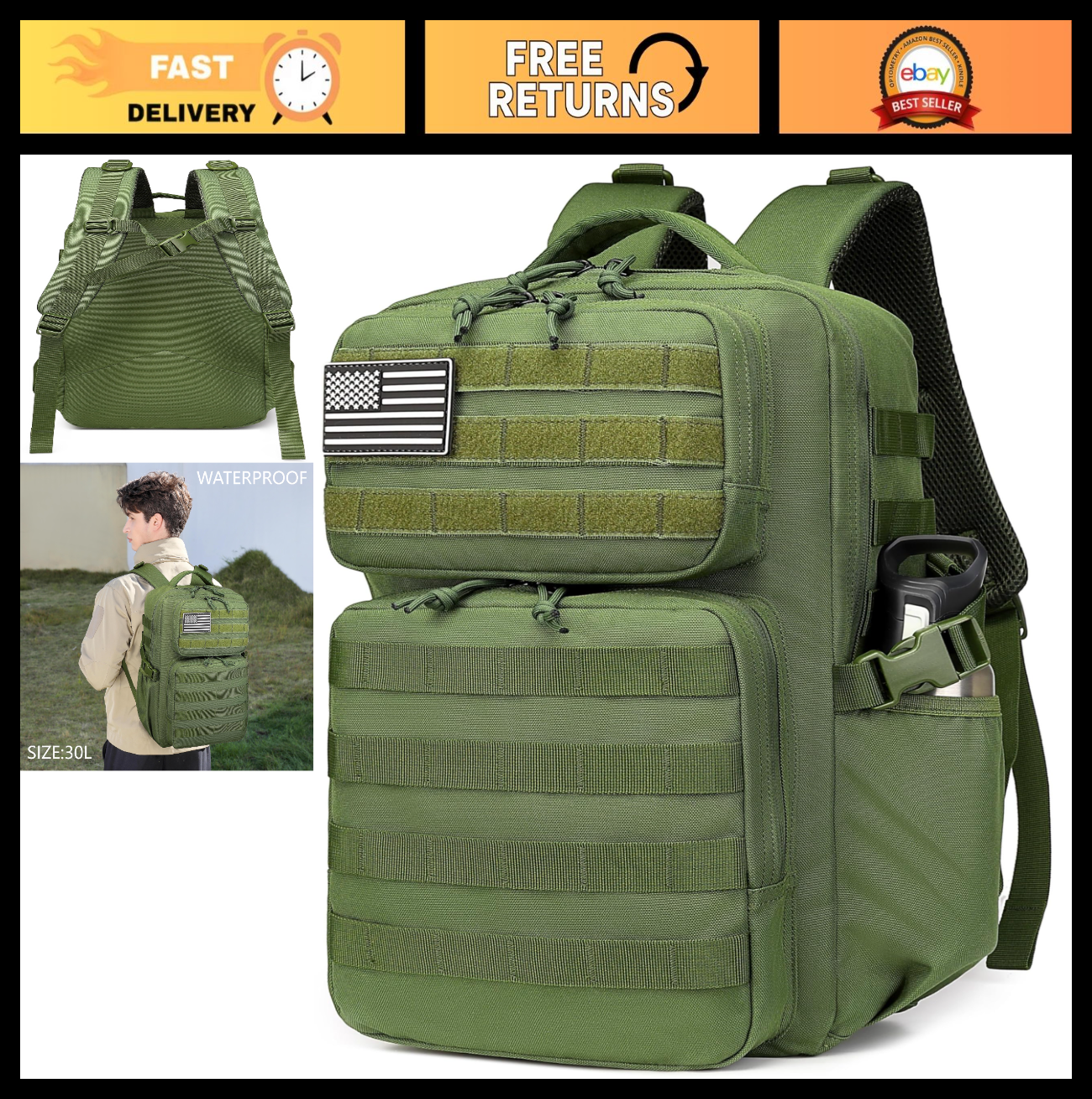 Waterproof Military Tactical Backpack   3 Day Assault Pack, Molle Daypack with W0