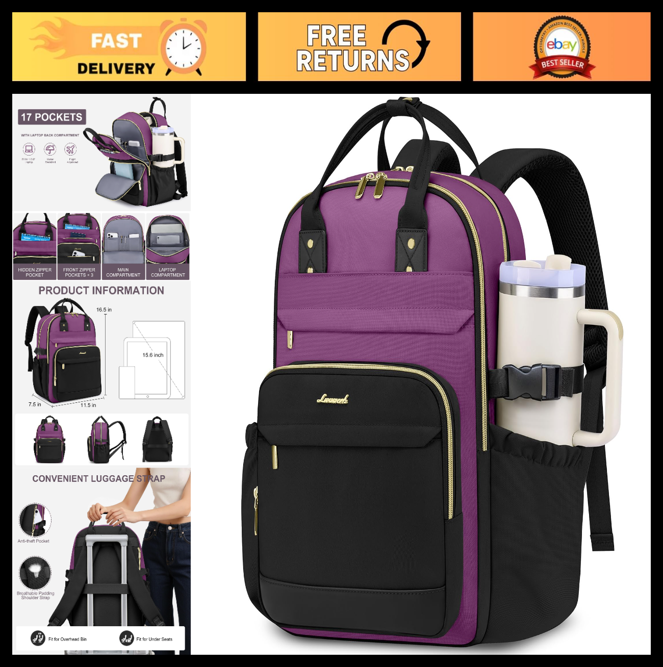 Waterproof Women's Laptop Backpack 15.6"   Large Capacity Travel Bookbag, Anti T0