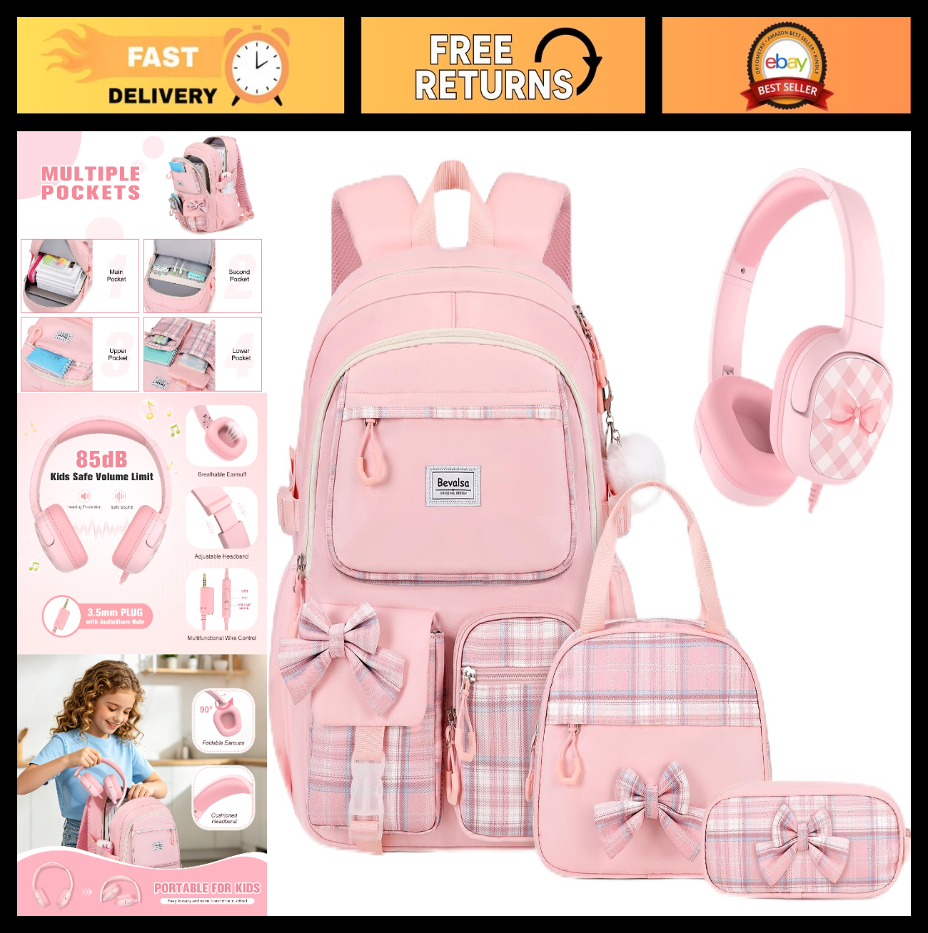 Cute Bow Backpack for Girls, School Bag Set with Lunch Bag & Pen Case, Stylish &0