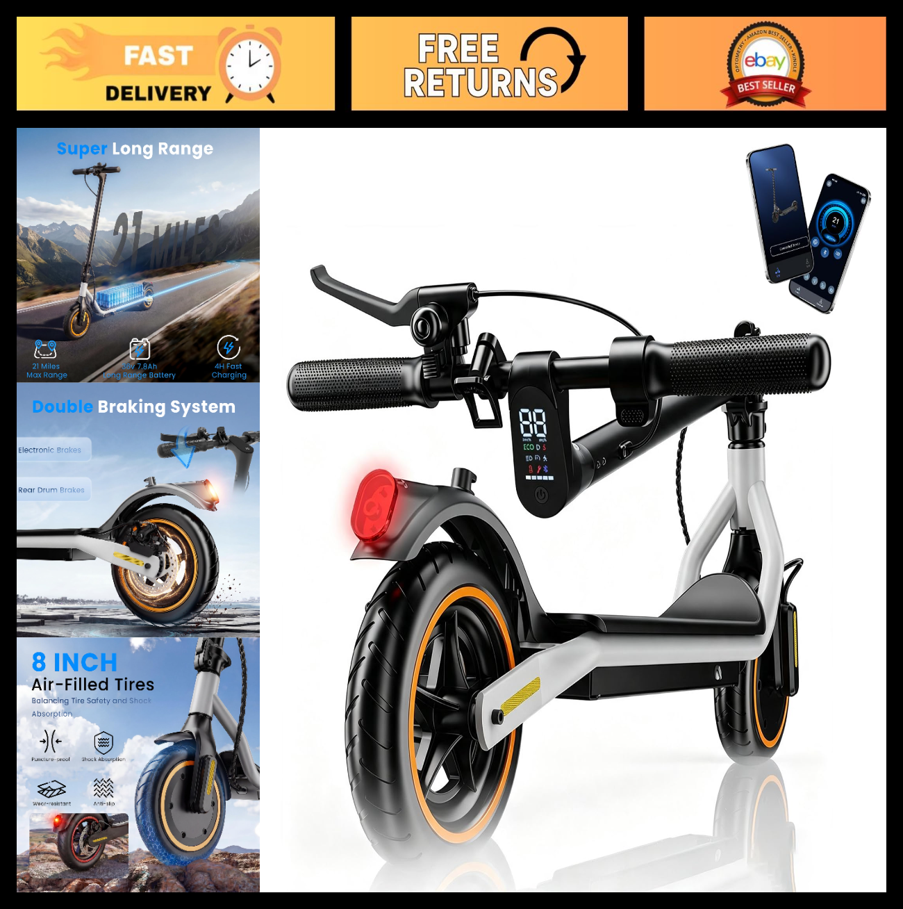 High-Power Electric Scooter for Adults & Teens, 1200W/1000W/500W Motor, 10"/8.5"0