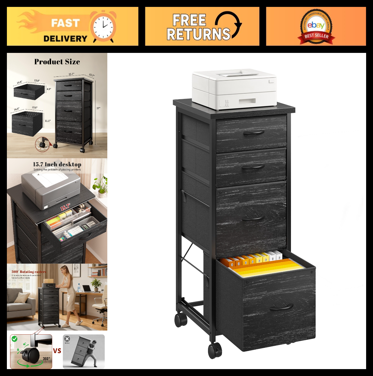 4 Drawer Rolling File Cabinet for A4 Letter Size   Mobile Printer Stand, Lockabl0