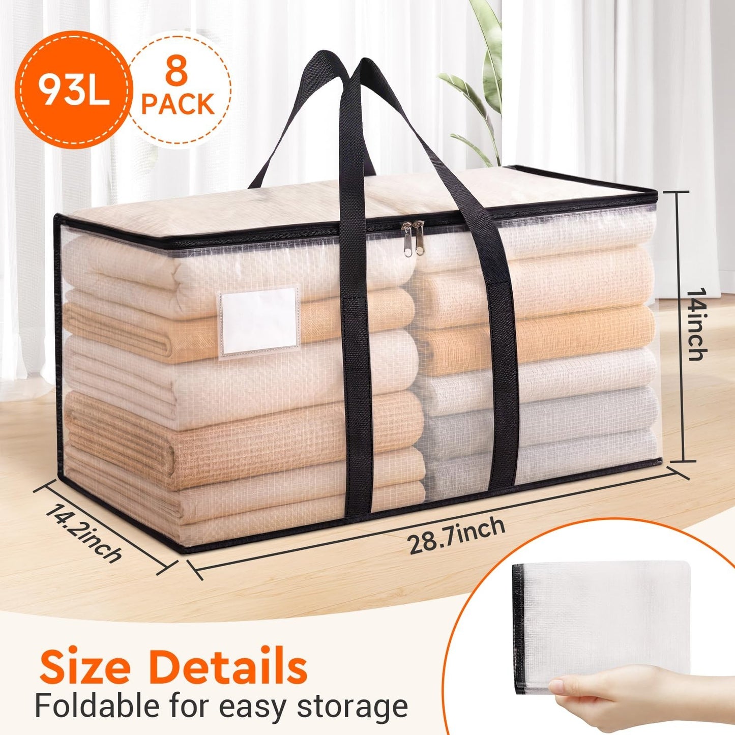 Extra Large Moving Bags 93L - 8-Pack Heavy Duty Storage Totes with Zipper & Hand2