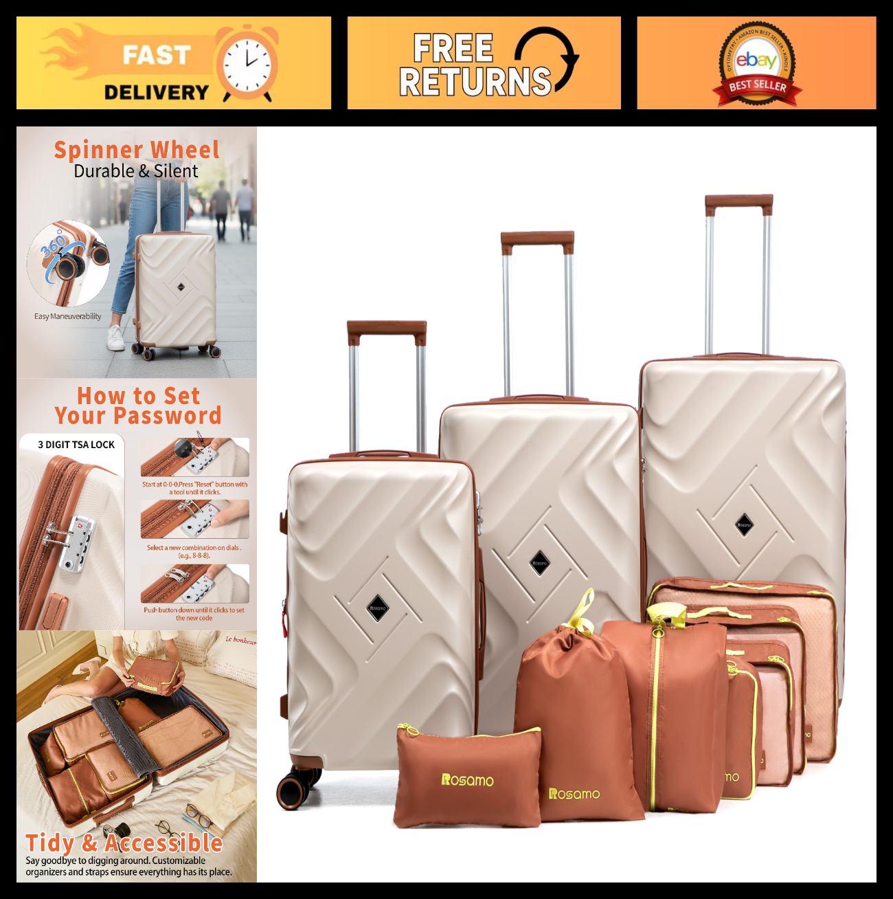10-Piece Expandable Luggage Set, 22x14x9 Carry-On Suitcase, Hard Shell, Spinner0