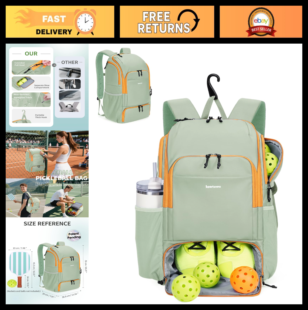 Waterproof Pickleball Bag with Shoe Compartment & Fence Hook | 30L, 2 Pockets, A0