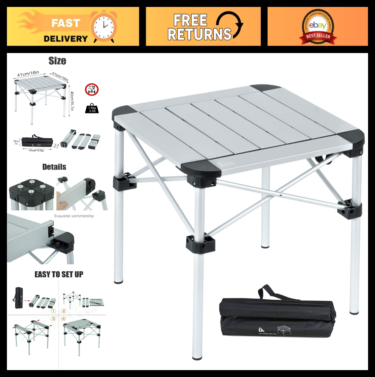 Lightweight Folding Square Table with Carry Bag - Portable for Camping, BBQ, Pic0