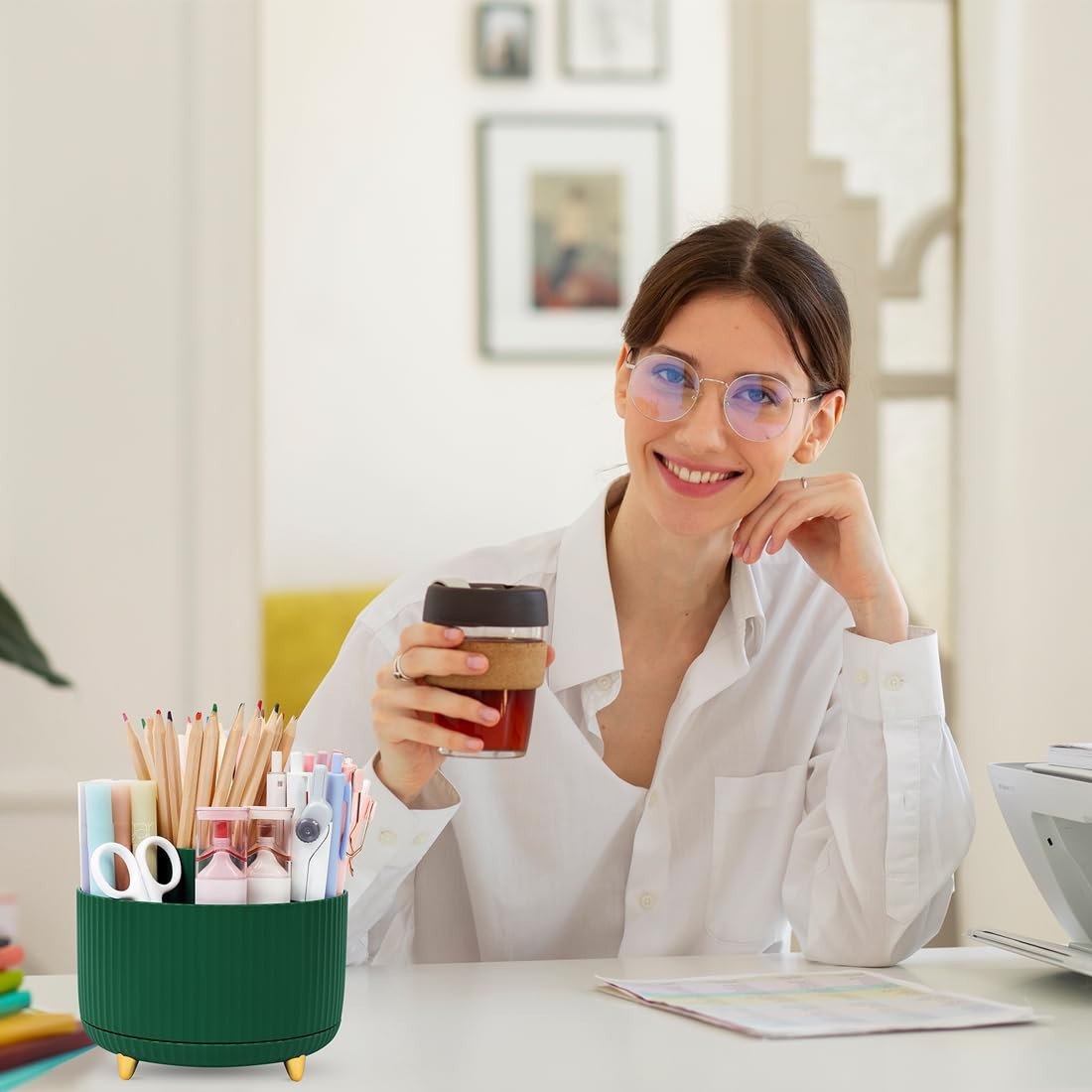 360° Rotating Desk Organizer   Dual Purpose Pencil Holder with 5 Slots for Offic5