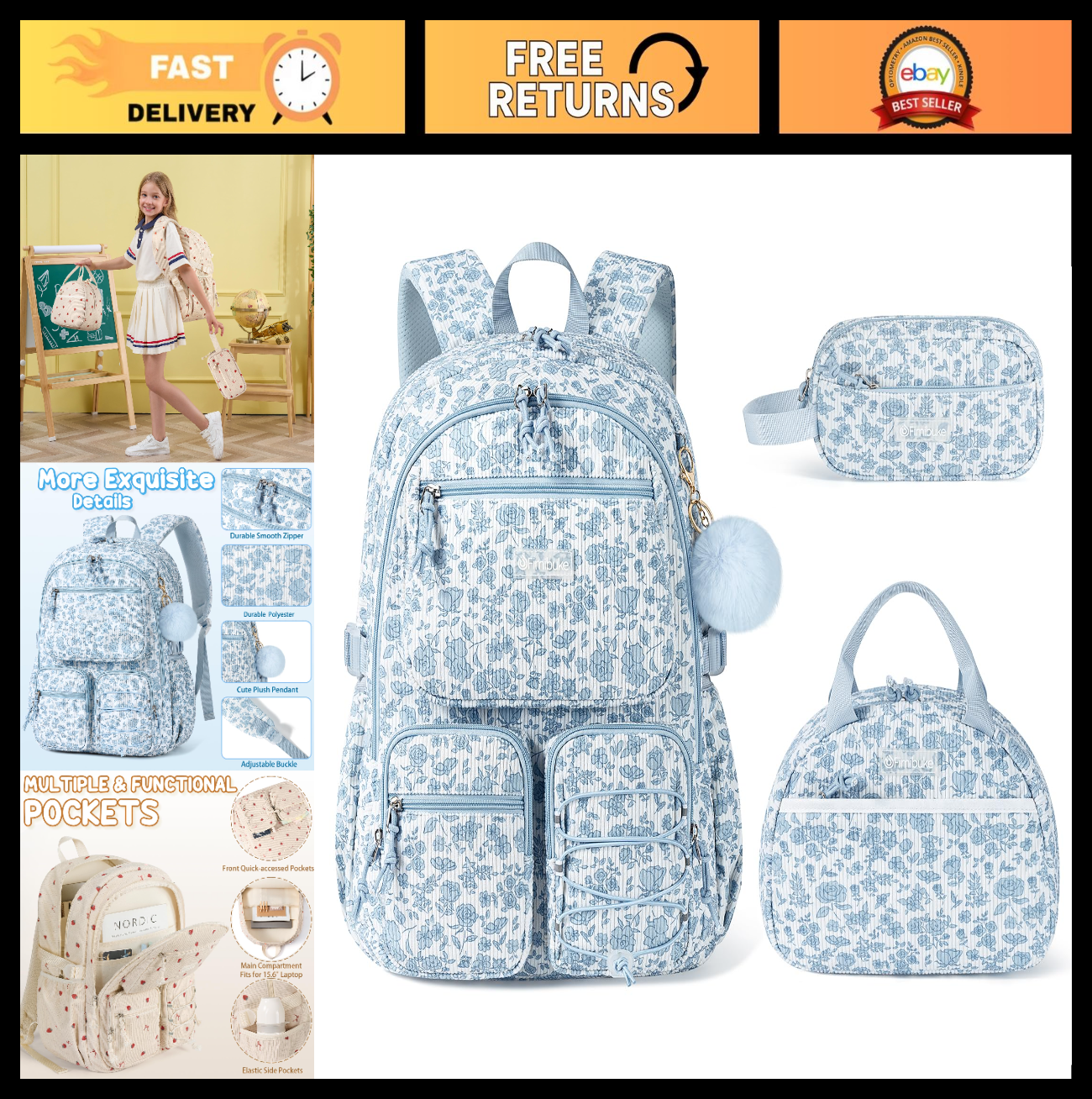 Stylish Corduroy Backpack Set for Girls   3PC Kids Backpack with Lunch Box0