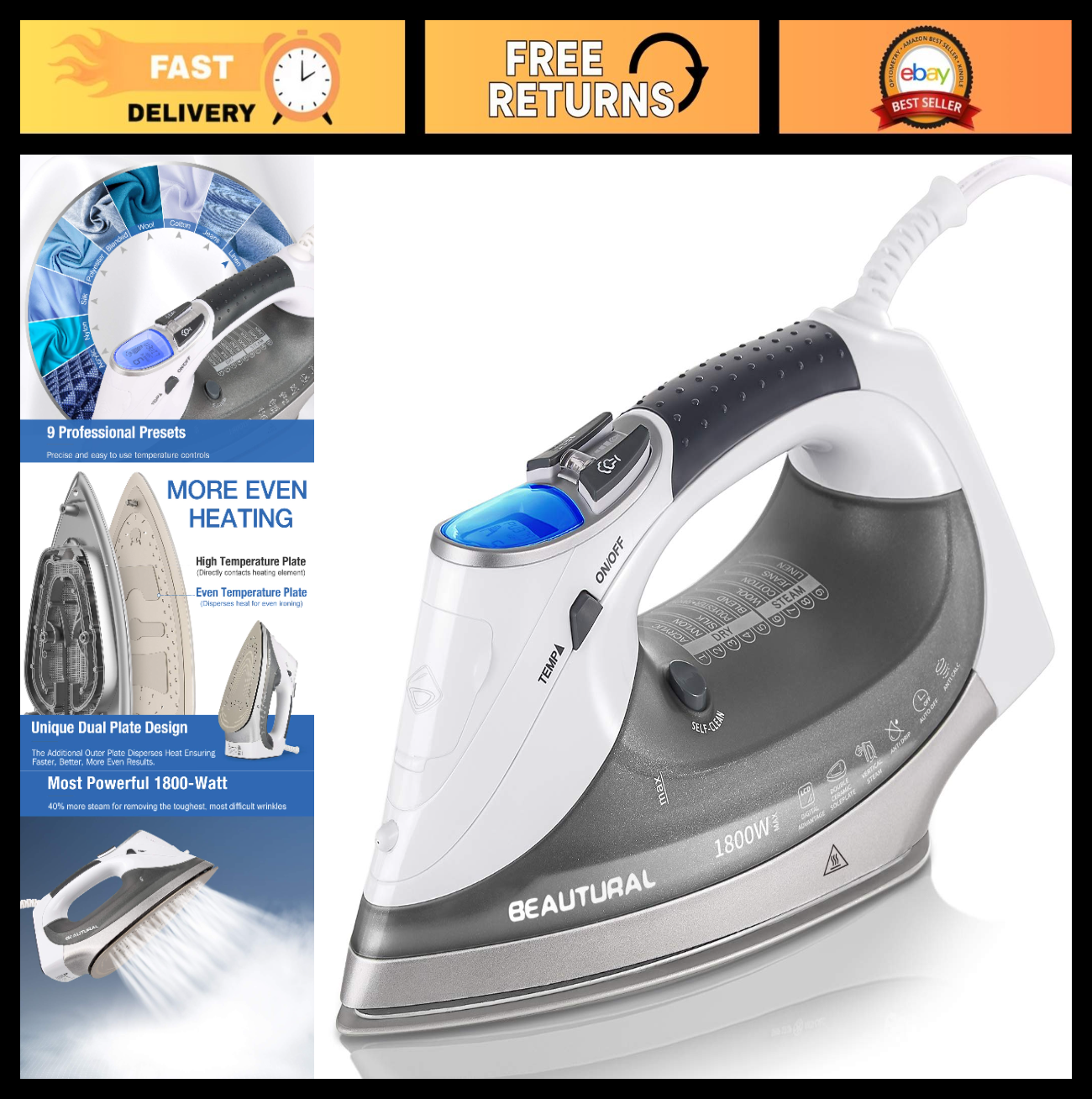 1800W Steam Iron with LCD Screen, 3-Way Auto Shutoff, Ceramic Soleplate, Burst S0