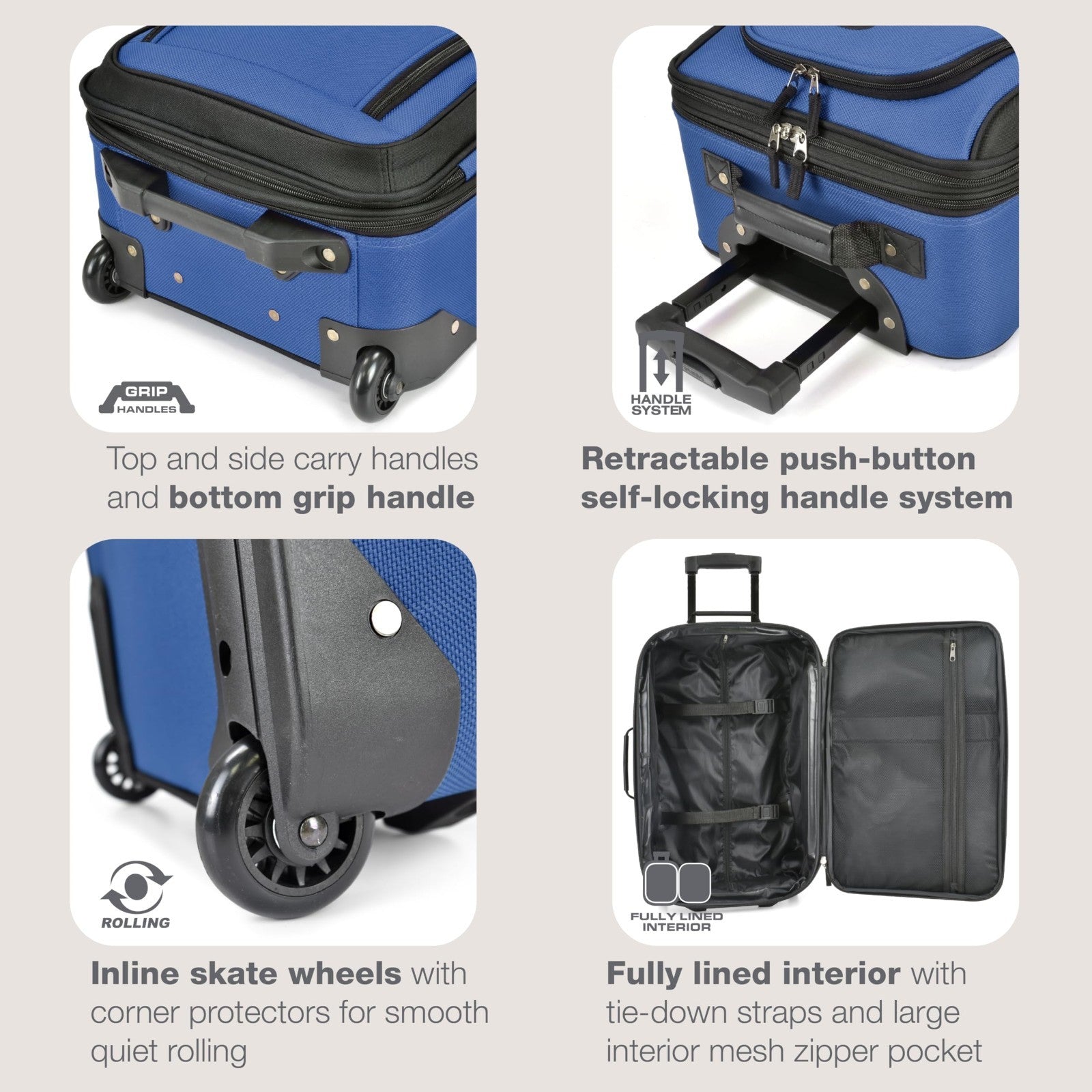Lightweight Softside Rolling Carry-on Suitcase, 2-Wheel Travel Luggage, Royal Bl3