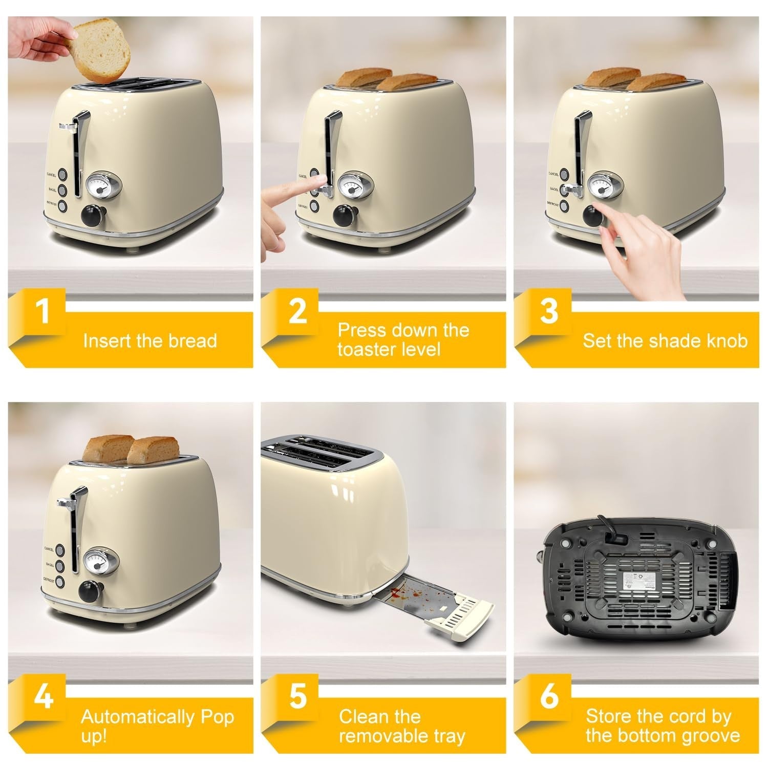 Retro Stainless Steel 2 Slice Toaster with 6 Settings, Extra Wide Slots, Bagel/D5