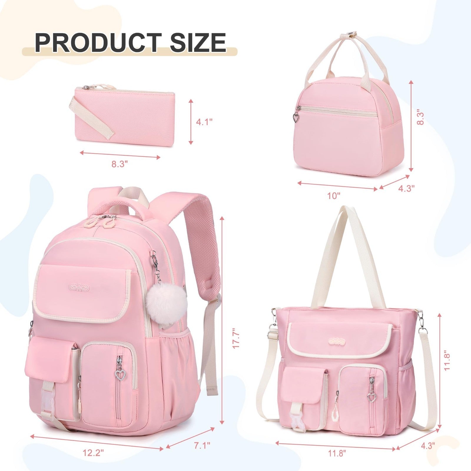 4PCS Girls Backpack Set with Tote Bag, Lunch Box & Pencil Pouch   School Supplie2