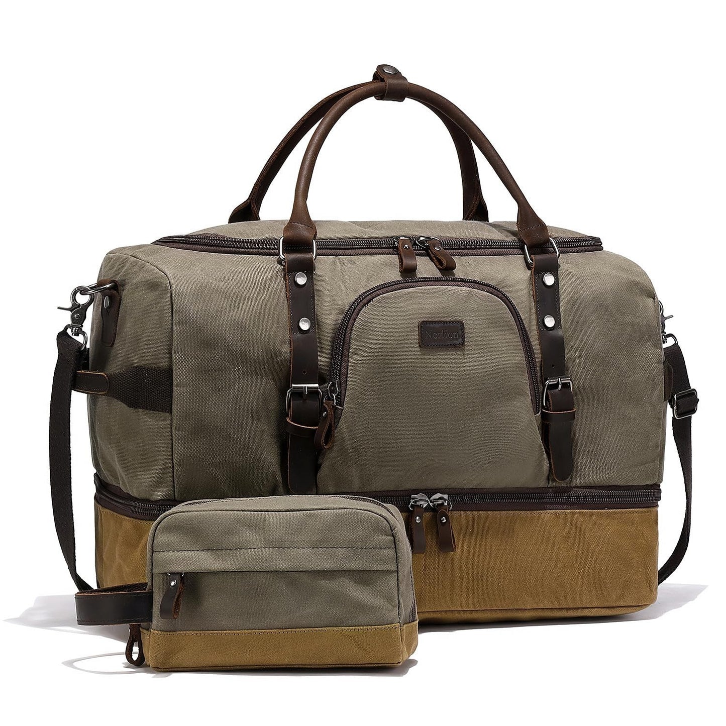 Large Green Weekender Duffel Bag with Shoe Compartment & Leather Accents1