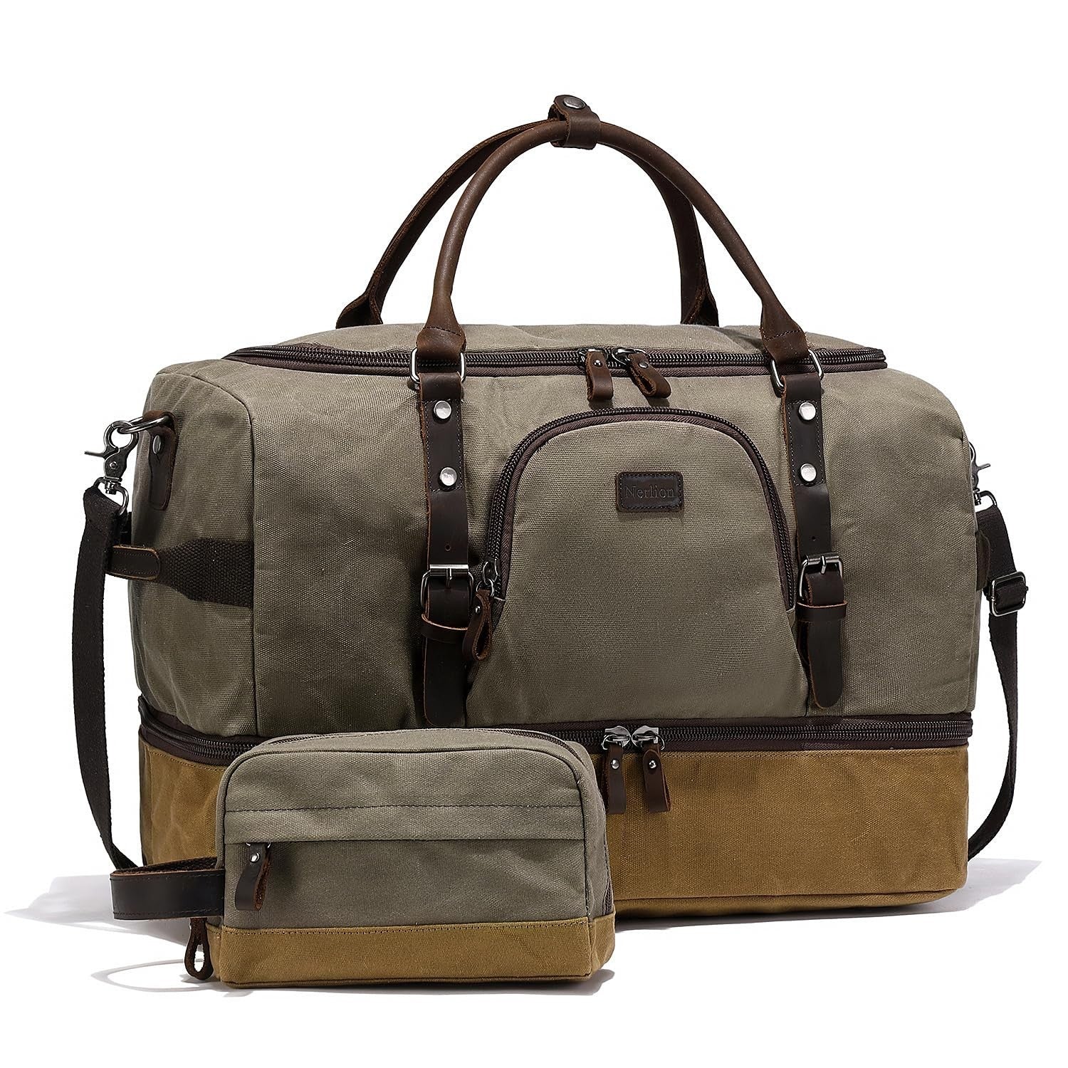 Large Green Weekender Duffel Bag with Shoe Compartment & Leather Accents1