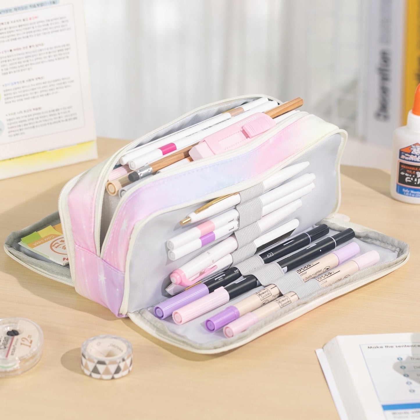 Large Capacity 3 Compartment Pencil Case Pouch for School, Teens & Adults   Mete5