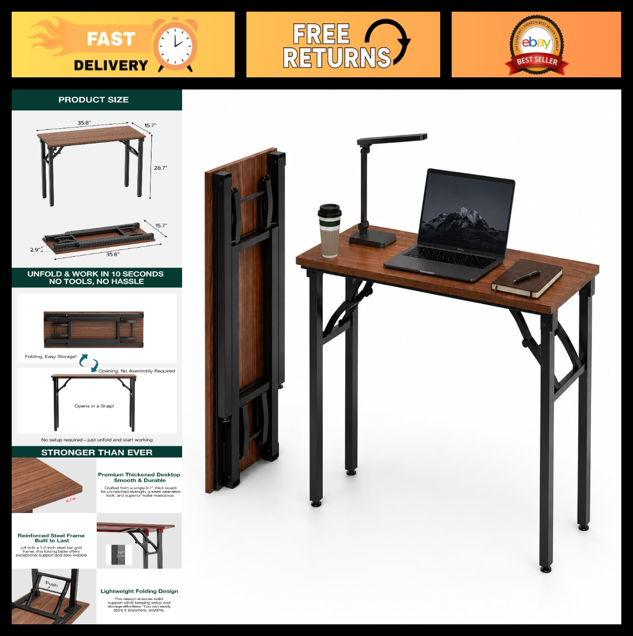 Compact Folding Laptop Desk – 35.8" Portable Table for Small Spaces, No Assembly0