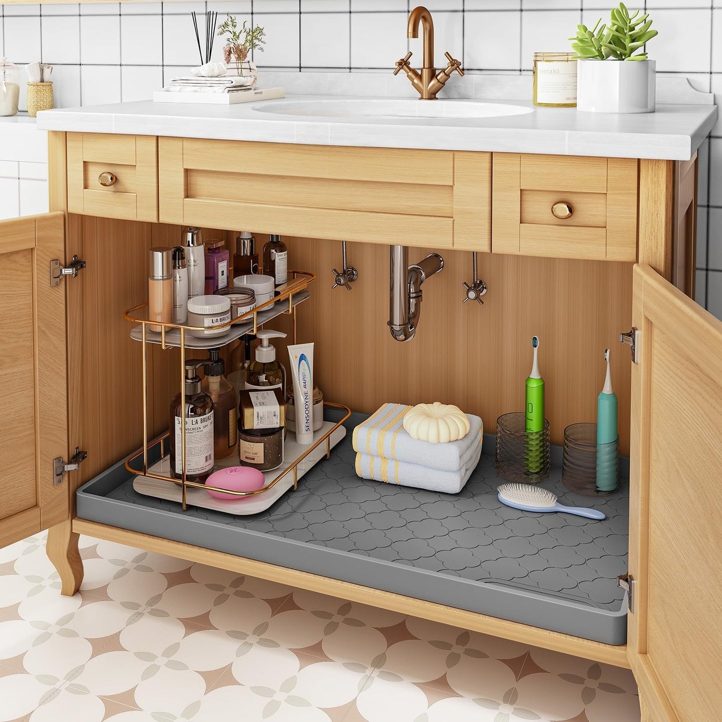 Waterproof Silicone Under Sink Mat 34"x22" | Kitchen Cabinet Liner, Anti Slip, E5