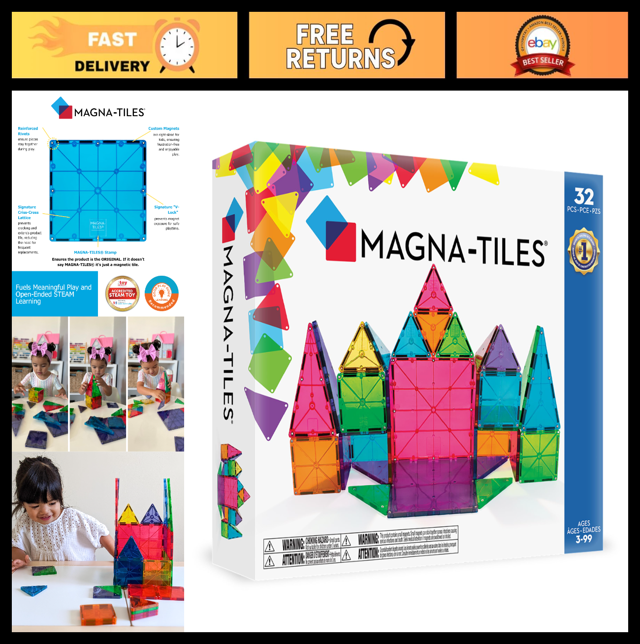 32 Piece Magnetic Building Blocks Set   Classic Construction Tiles for Kids0