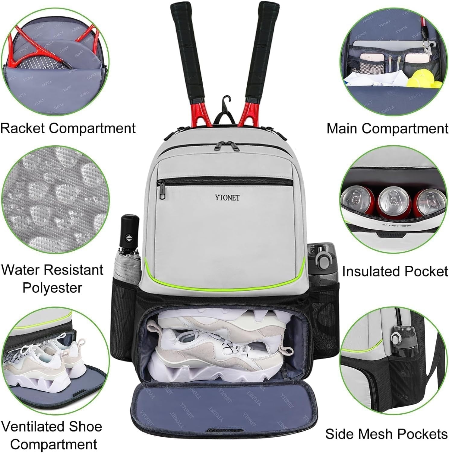 Insulated Tennis Backpack for 2 Rackets, Ventilated Shoe Compartment, Unisex3