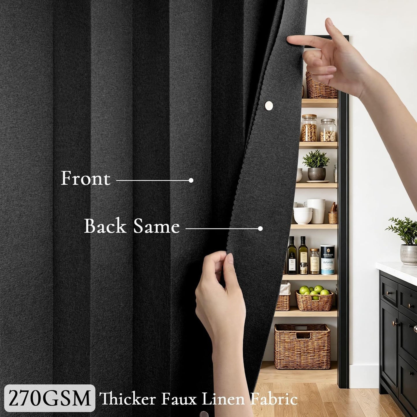 Light Blocking Faux Linen Pinch Pleat Curtains, 1 Panel, W52 x L90, Black, Ideal4