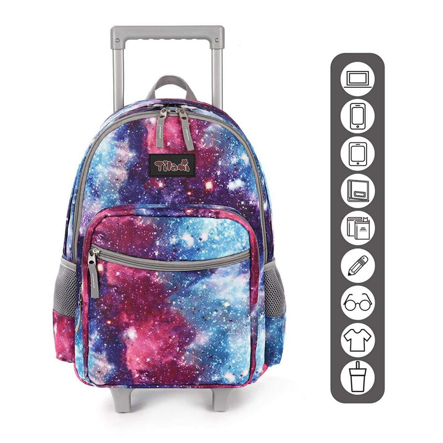 Wheeled Kids Rolling Backpack 18" with Lunch Bag, Double Handle, Galaxy Design3