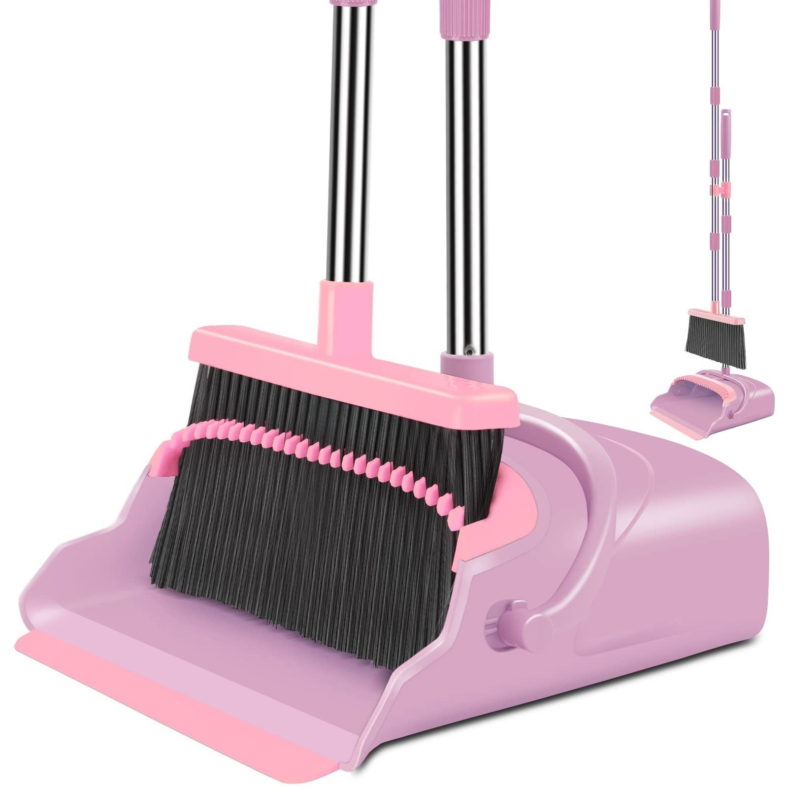Stand Up Broom and Dustpan Set for Home & Office - Indoor/Outdoor Sweeping, Pink1