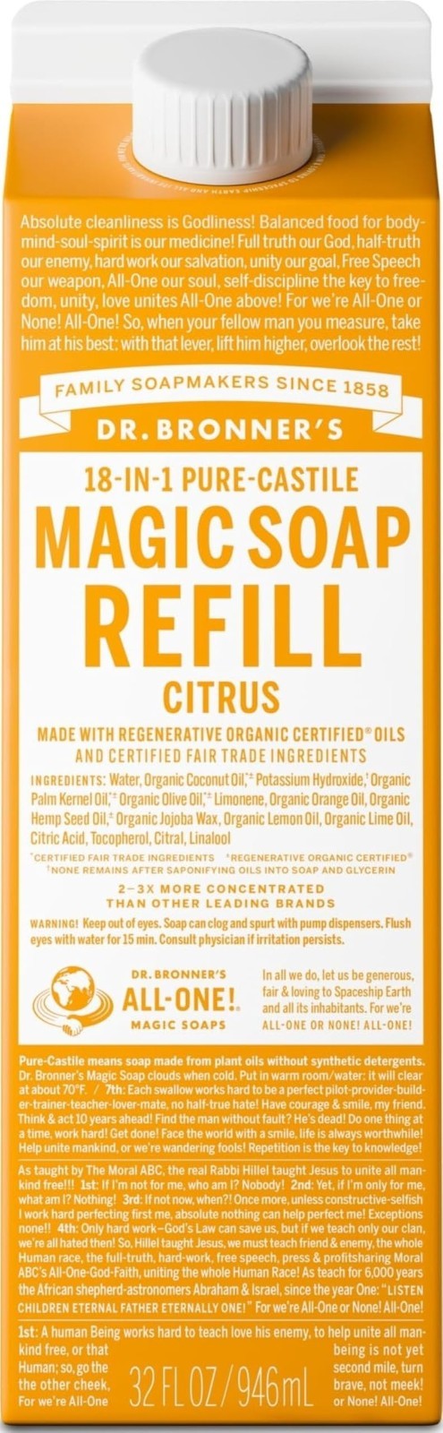 Pure Castile Liquid Soap Refill - Citrus Scent, 32oz - Vegan, Non-GMO, Multi-Use1