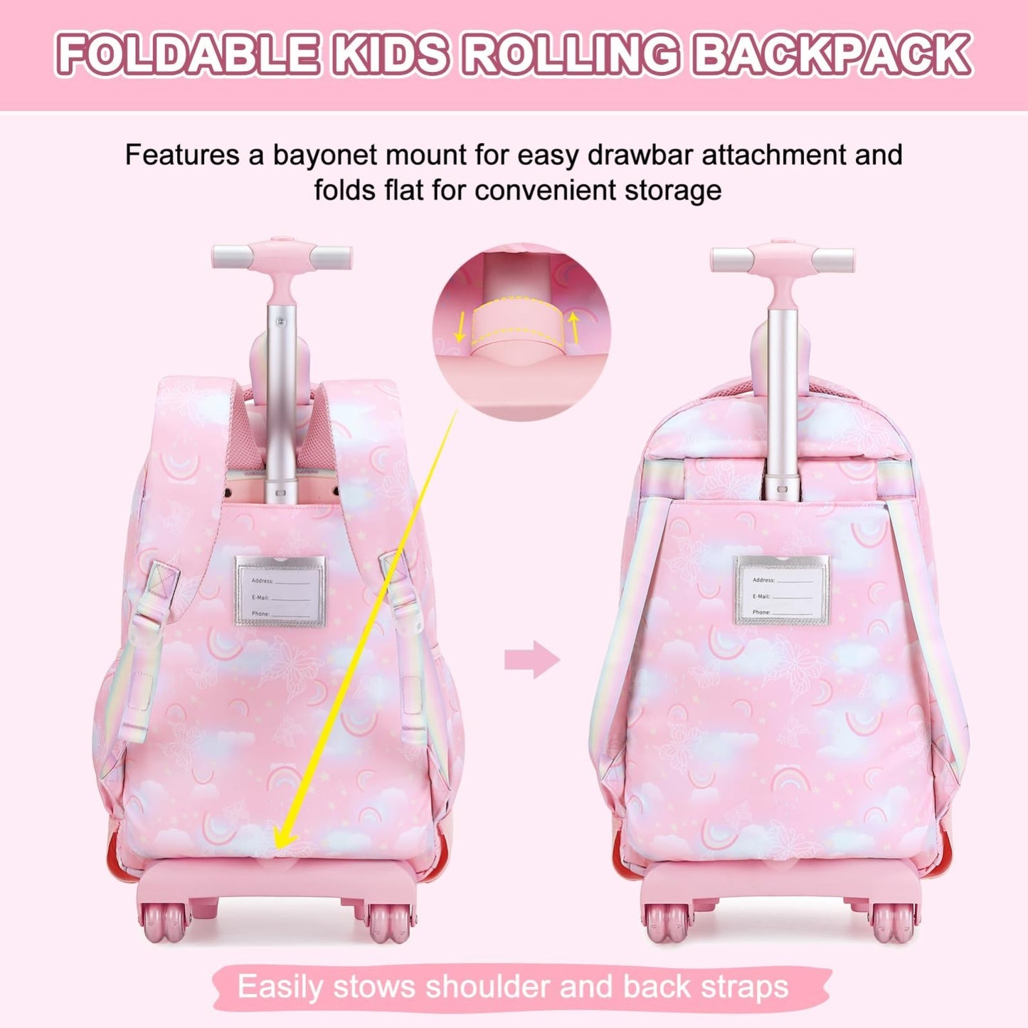 3PCS Girls Rainbow Butterfly Rolling Backpack Set with Lunch Box   Pink Travel B7