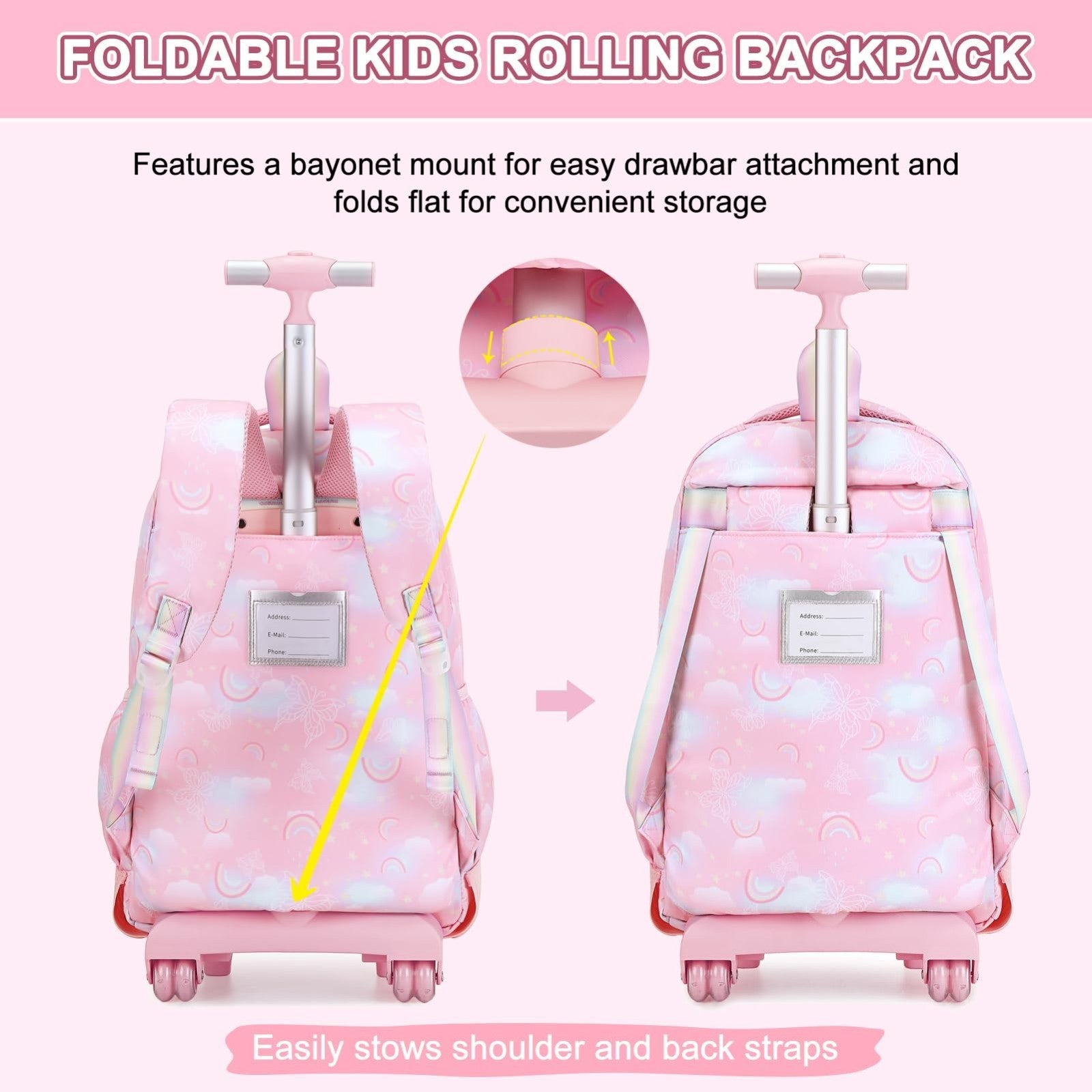 3PCS Girls Rainbow Butterfly Rolling Backpack Set with Lunch Box   Pink Travel B7