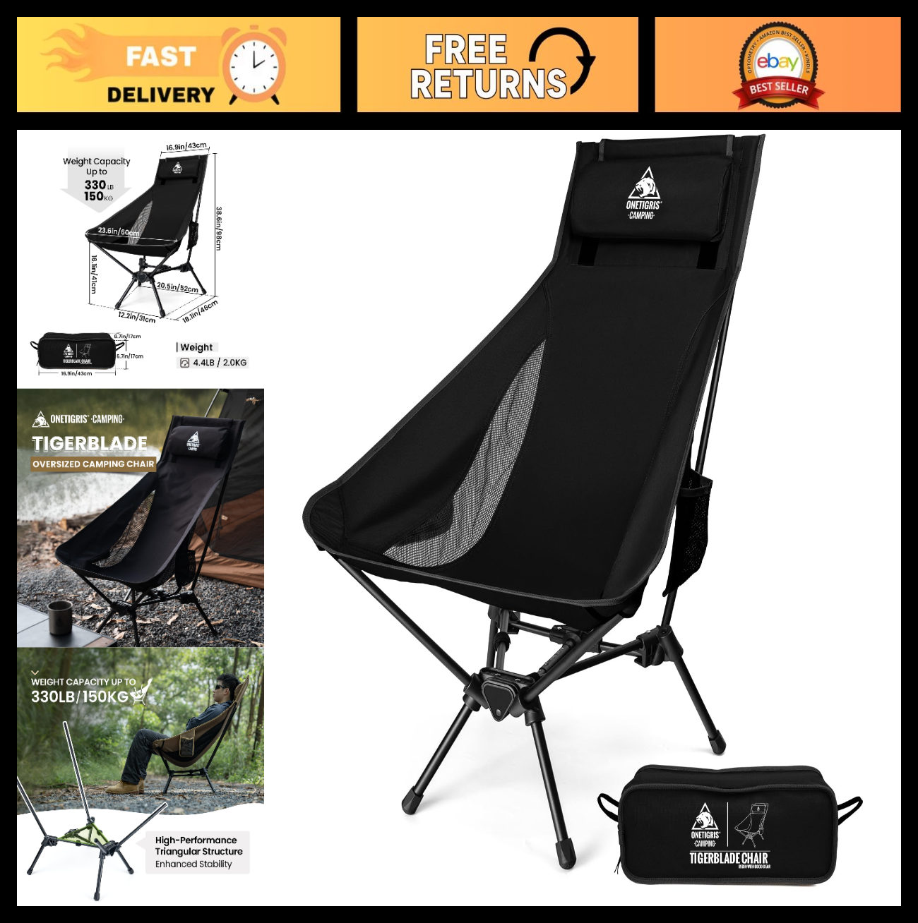 High Back Camping Chair with Pillow, Comfortable Folding Seat, Portable Outdoor0