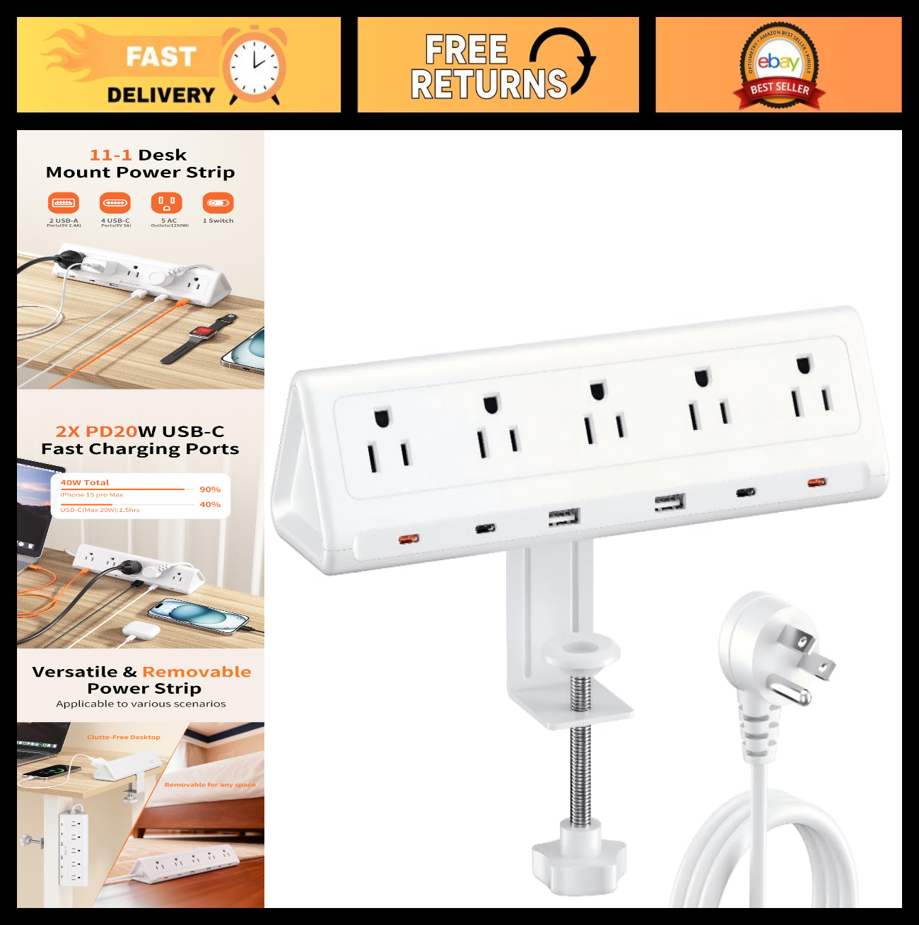10FT Desk Clamp Power Strip, 5 AC Outlets, 6 USB Ports, PD 40W Fast Charge, Whit0