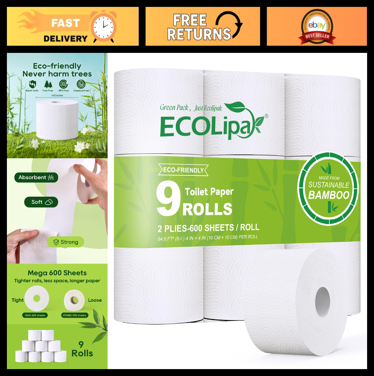 Bamboo Toilet Paper 2 Ply, 9 Mega Rolls, 320 Sheets   Soft, Absorbent, Septic Sa0