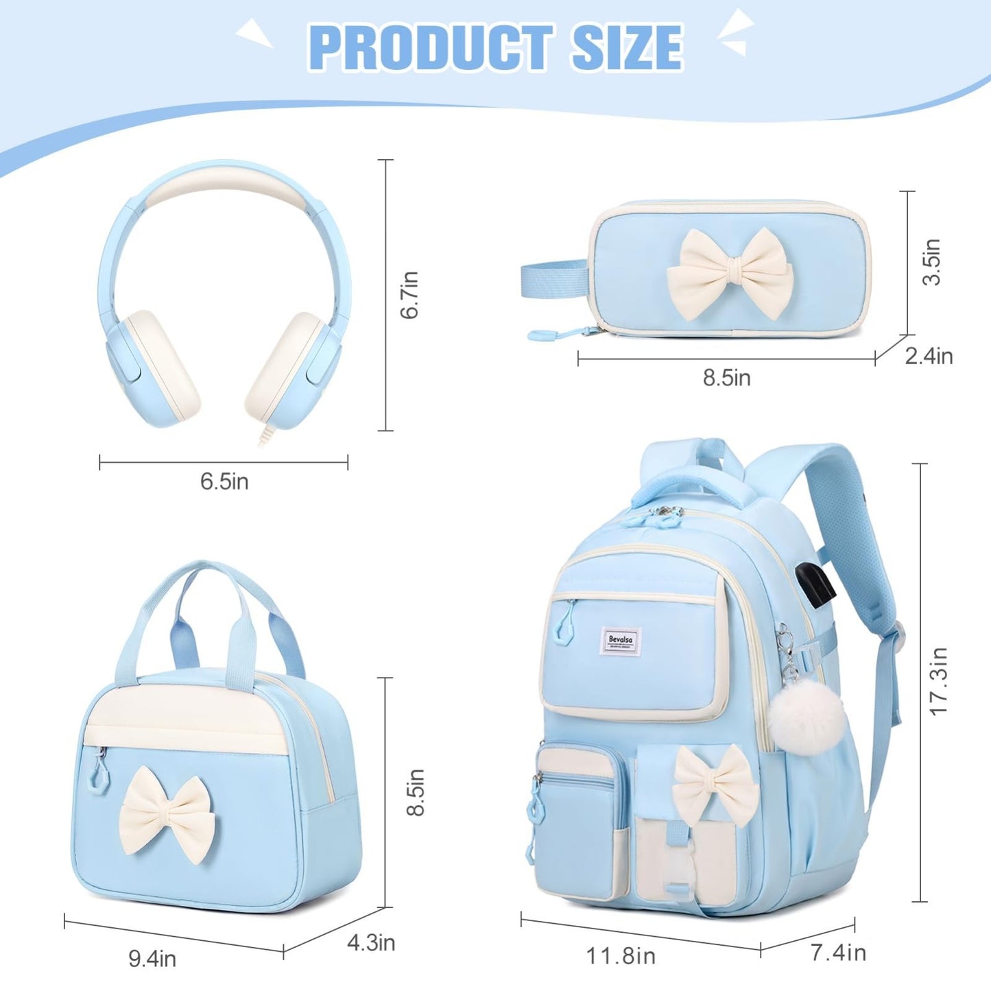 Cute Bow School Backpack for Girls, Includes Lunch Bag & Pen Case, Stylish Schoo2