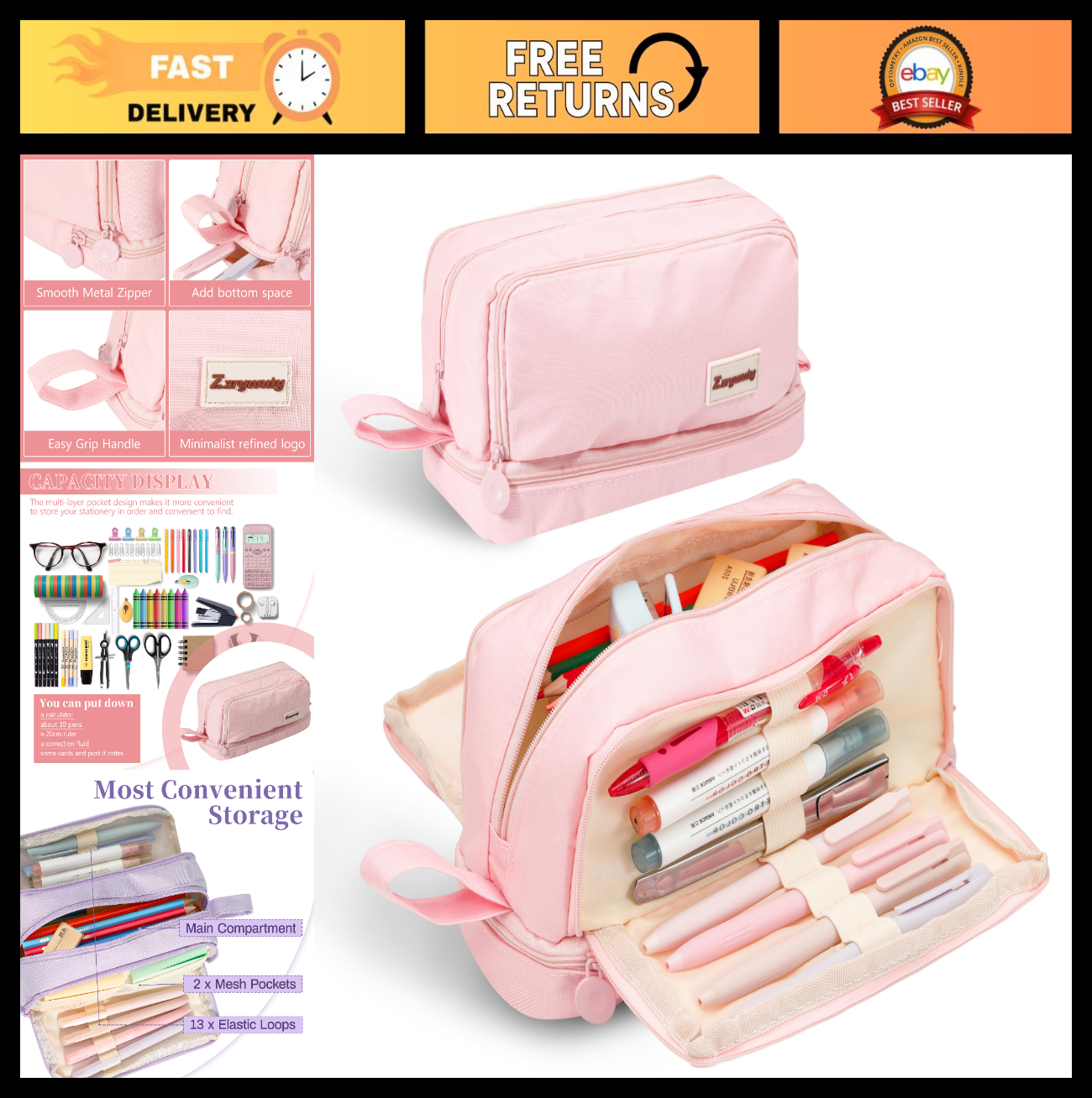 Large Capacity Pink Pencil Case with 4 Compartments, Zippered Pouch & Handle for0