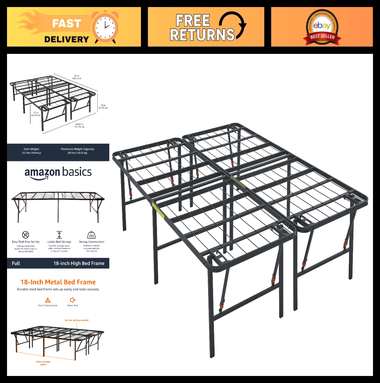 Sturdy Full Size Bed Frame with Storage, Foldable Metal Platform, 18" High, Tool0