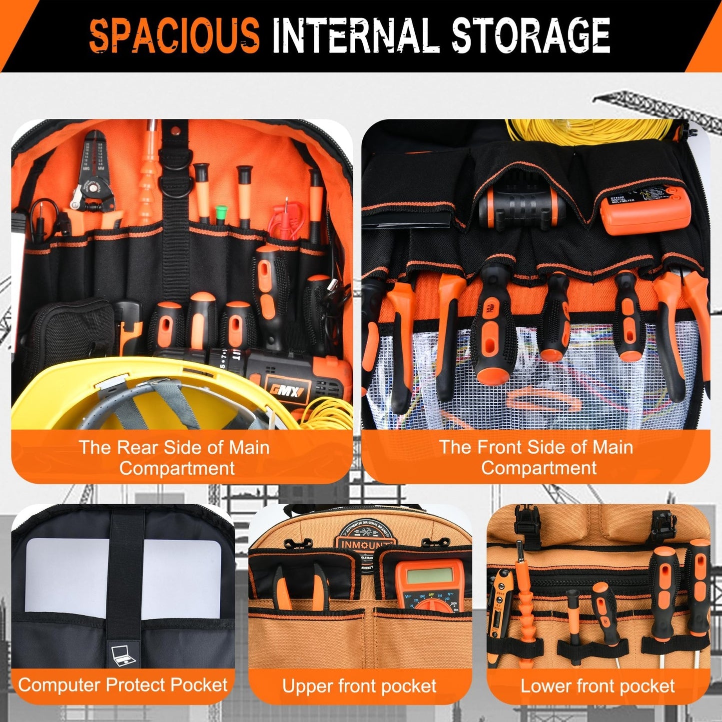 Heavy Duty Tool Backpack 18.5"   56 Pockets, Molded Bottom, Durable Brown Storag2