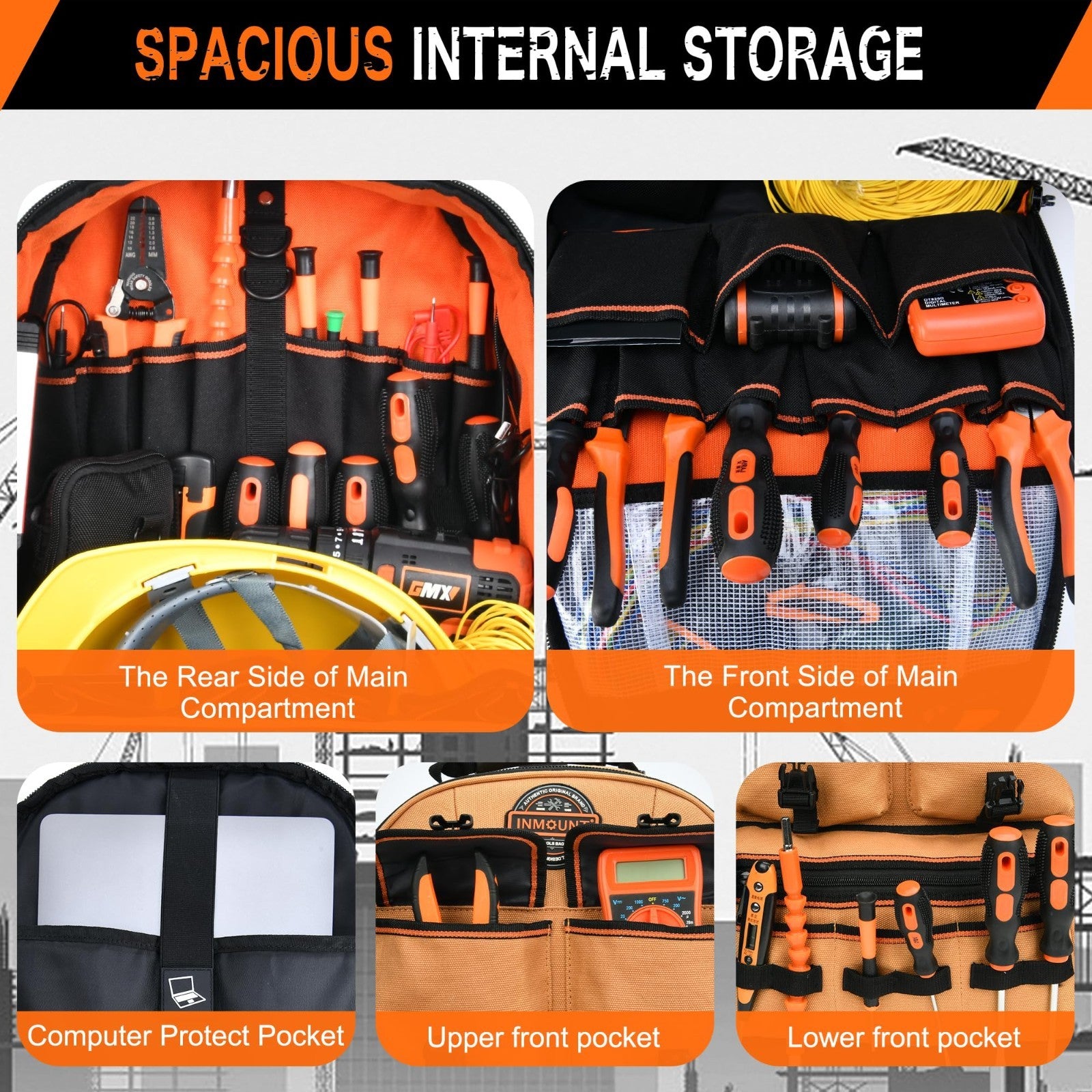 Heavy Duty Tool Backpack 18.5"   56 Pockets, Molded Bottom, Durable Brown Storag2