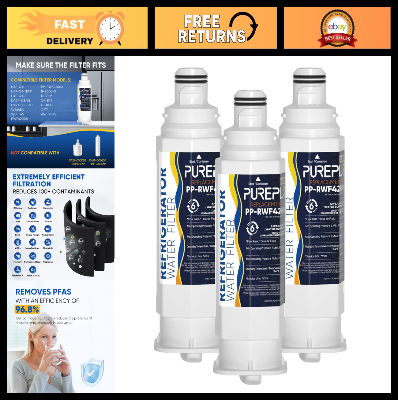 Refrigerator Water Filter Replacement - Reduces PFOA/PFOS & Chlorine, 3 Pack0