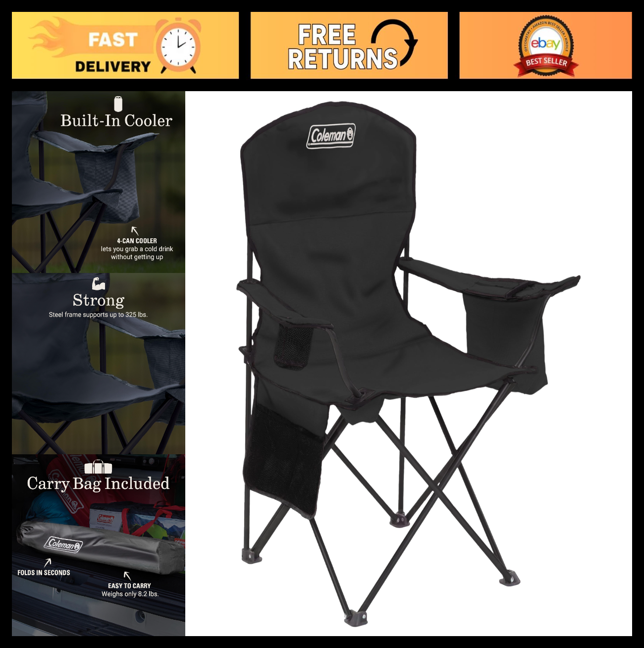 Portable Camping Chair with Cooler, Cushioned Seat, Side Pockets & Cup Holder  0
