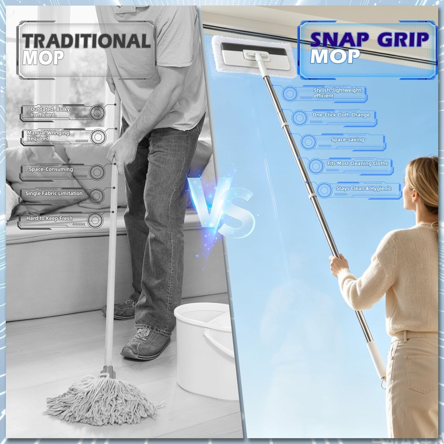 51" Hands-Free Flat Mop with Stainless Steel Handle - Snap Grip Design for Easy7