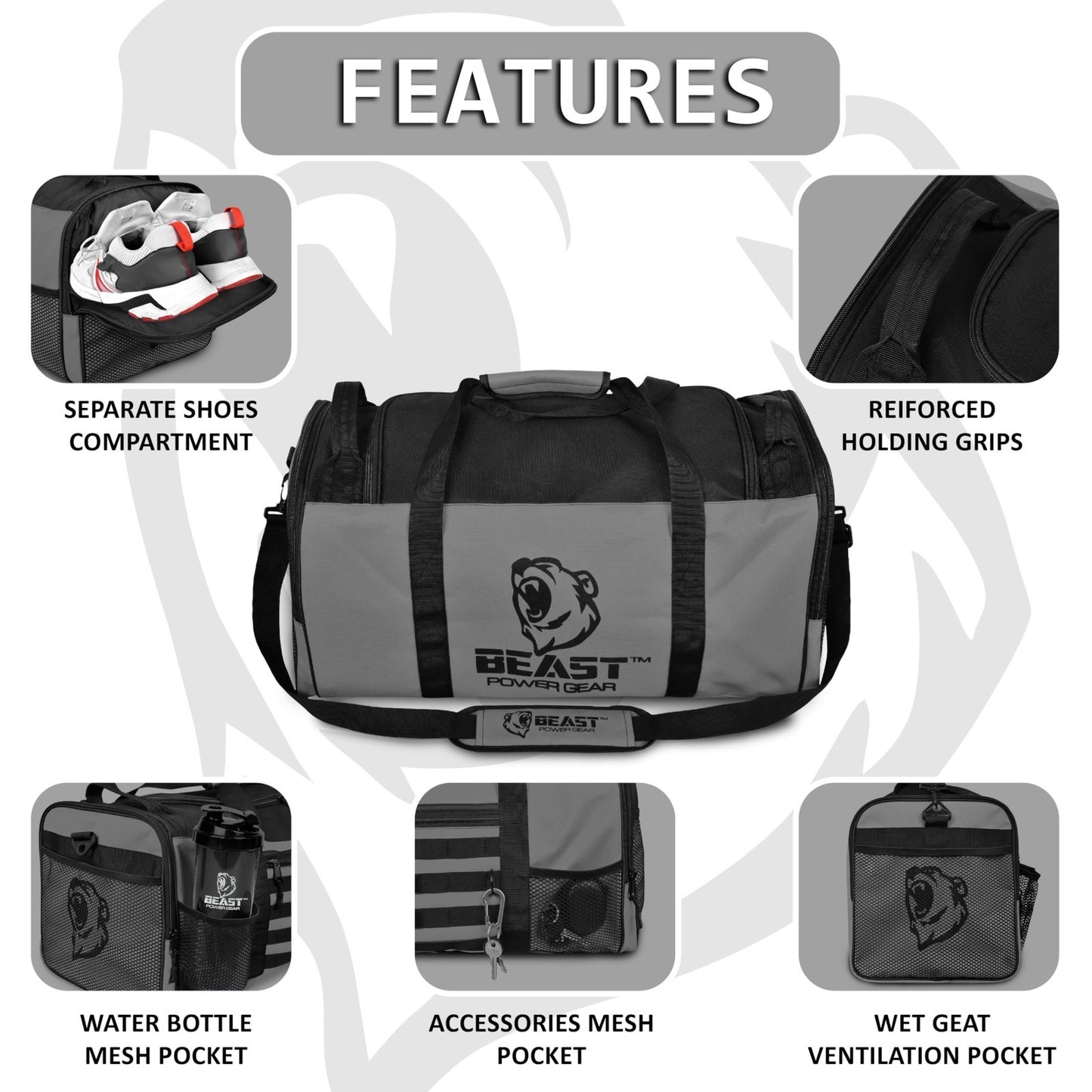 Versatile Gym Duffle Bag - Gray/Black | Workout, Boxing, MMA, Sports, Shoes Comp2