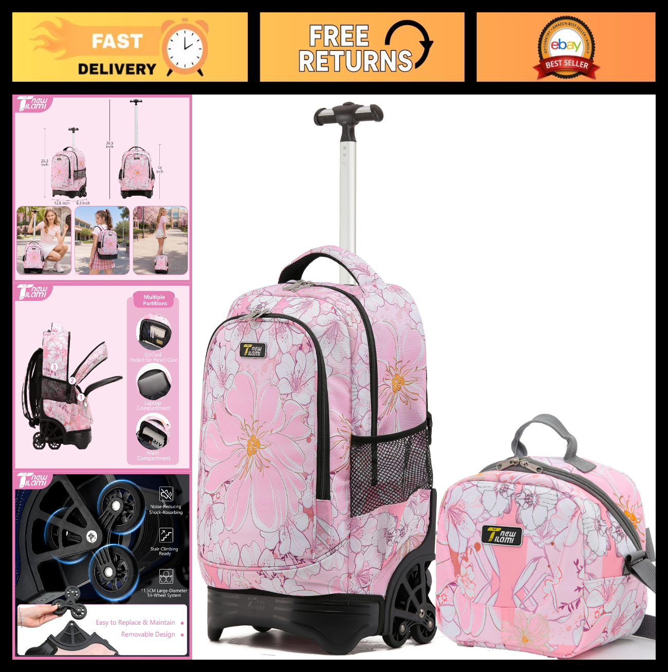 18" Rolling Backpack with Lunch Bag for Kids   School Travel Bag for Boys & Girl0