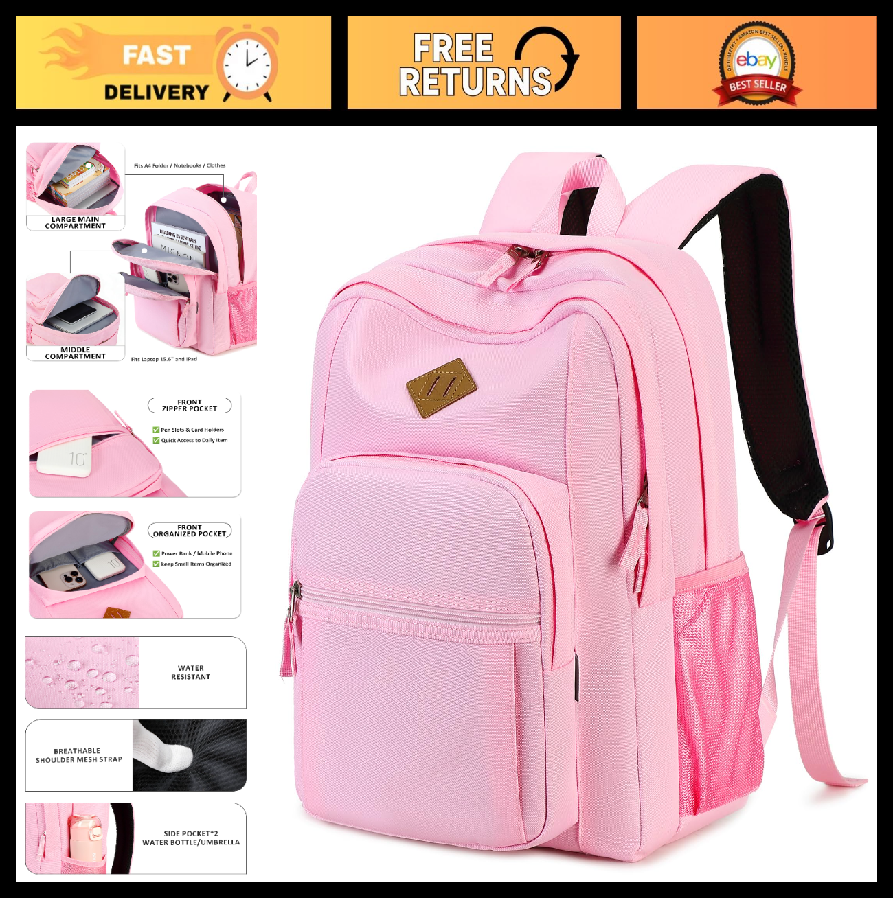 Solid Color Girls Backpack   Water Resistant School Bag for College & Travel   L0