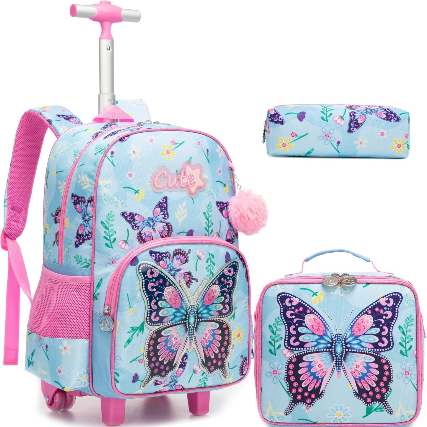 Cute Butterfly Kids Rolling Backpack with Wheels, School Roller Bag & Lunch Case1