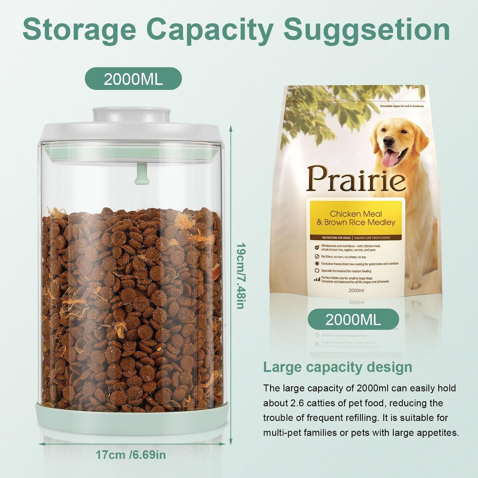 Airtight Glass Pet Food Storage Container, 2L Dog Cat Treat Jar, Durable & Seale3