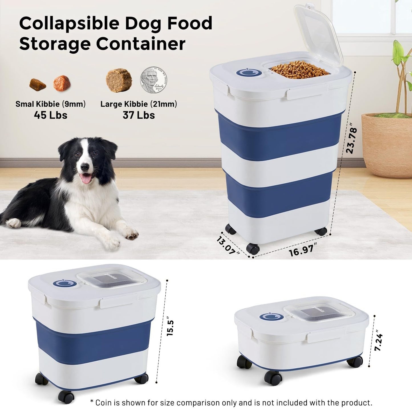 Large Airtight Dog Food Storage Container 40-50lbs, Collapsible with Wheels, Sco2